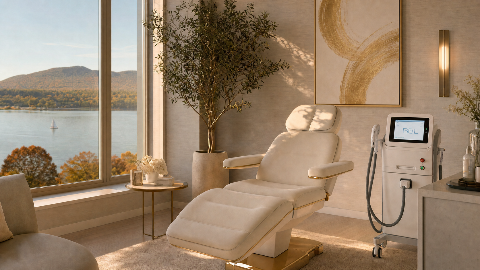 Luxurious dry eye treatment spa room with IPL equipment and Hudson River views through large windows with autumn foliage