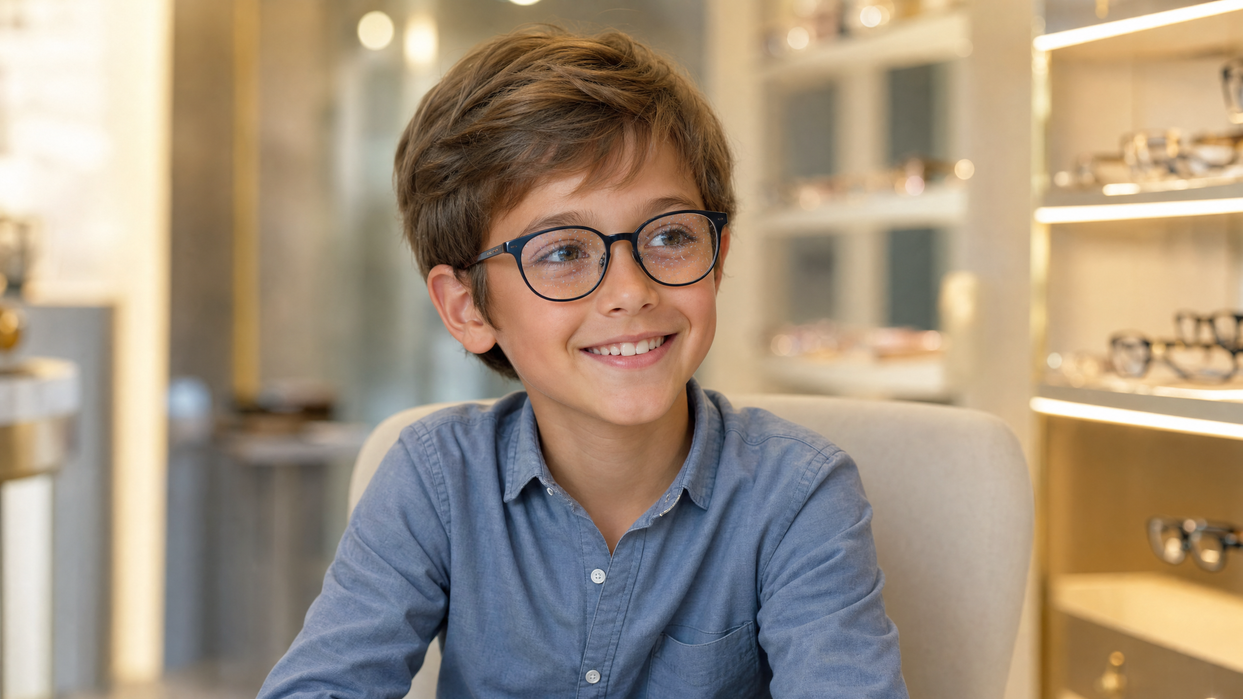 A smiling child wearing modern eyeglasses in a warm, well-lit optical boutique with designer frames displayed in the background