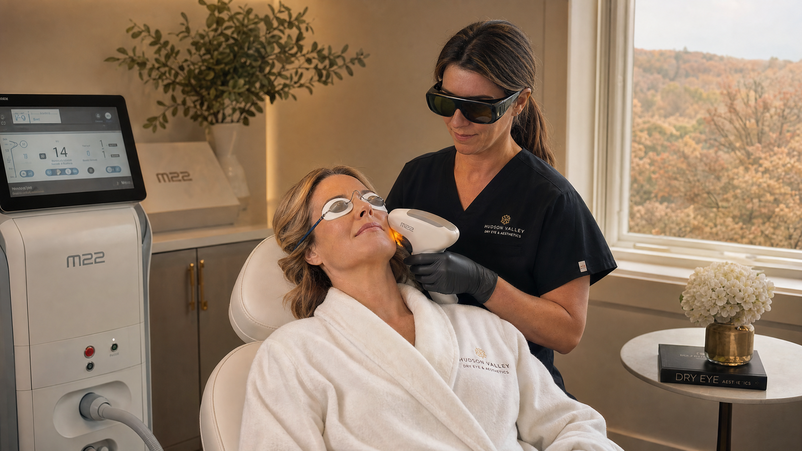 Patient receiving IPL dry eye treatment in a luxurious spa-like setting with Hudson Valley autumn foliage visible through the window